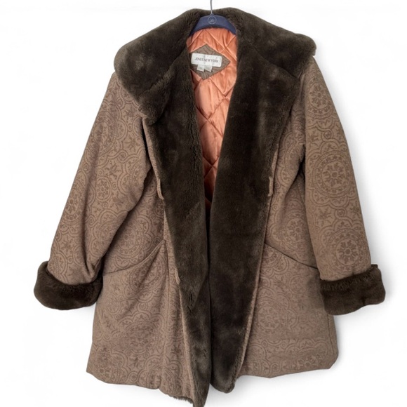 Jones New York Vintage Brown Faux Fur Trimmed Penny Lane Style Coat S - Picture 1 of 7
